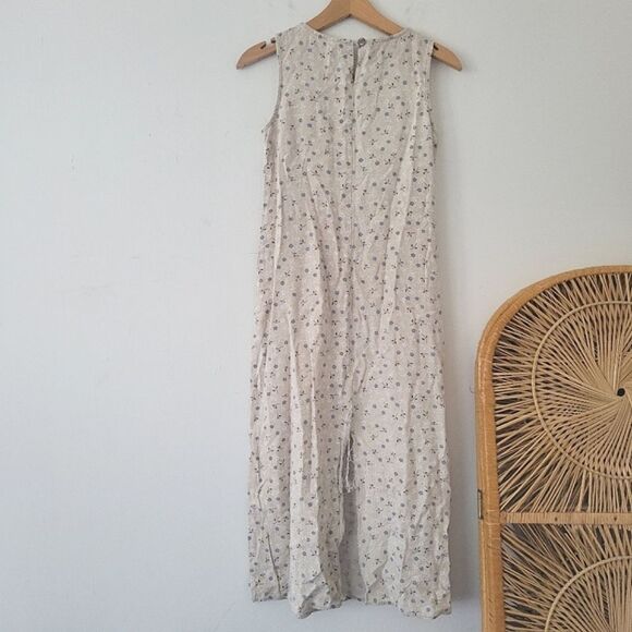 Vintage Studio Ease Linen Blend Dress Neutral Blue Floral Print Sleeveless 4P - Picture 2 of 10